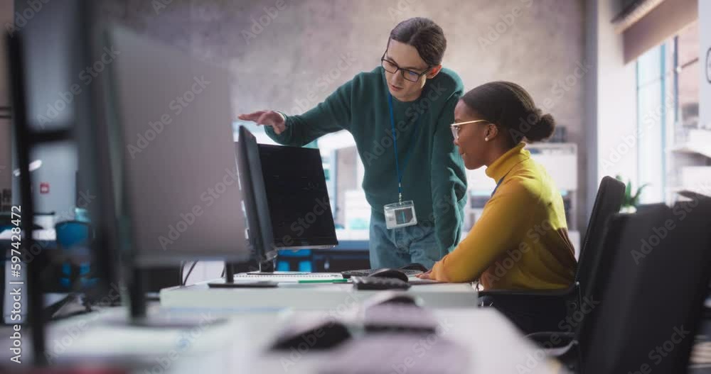 Fototapete Two Diverse Young Professionals Having a Conversation in Office, Working With a Work Assignment on a Computer. Young Colleagues Talking, Thinking About Finishing a Software Development Project