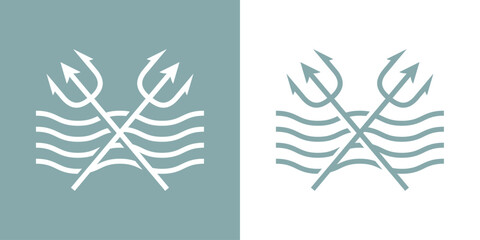 Logo Nautical. Silueta lineal de tridentes de Neptuno cruzados con olas de mar © teracreonte