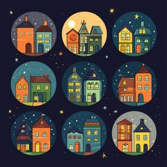 Set of vector houses at night isolated on blue background