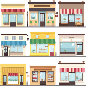 Set of vector shop buildings isolated on white background
