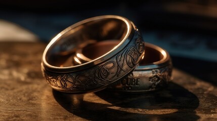 Obraz na płótnie Canvas Two rings with beautiful engraving. Rings of Omnipotence. Golden wedding rings. Two rings engraved with eternal love. Generative AI