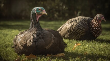 turkey birds on a green lawn