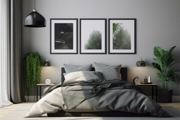 Mockup picture frame in modern bedroom with bed, pillows, blanket, plants. Generative AI