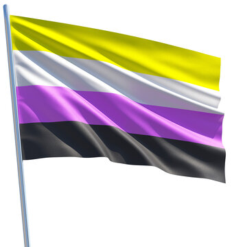 Non-binary flag waving on transparent background, cut out object for LGBTQIA+ Pride month, sexuality freedom, love diversity celebration and the fight for human rights in 3D illustration