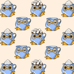 drawn pattern with bright owl cups with coffee and marshmallows