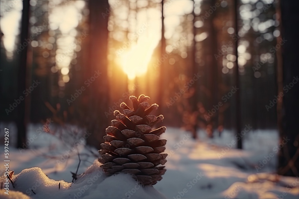 Poster pine cone resting on a bed of snow. generative ai