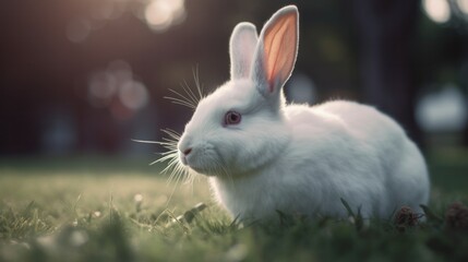 Obraz premium close up of a white fluffy rabbit on the grass