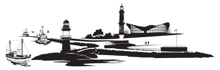 Illustration von Warnemünde Skyline mit Mole, Leuchtturm und Teepott - obrazy, fototapety, plakaty