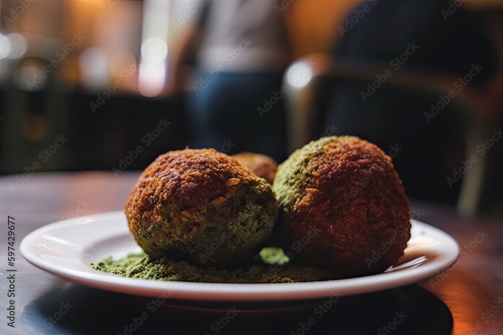 Poster two different dishes served on a plate with a table setting in the background. generative ai