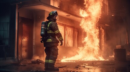 Firefighter in front of a burning house. Fireman, burning building, rescue, extinguish. Firefighter and industrial safety concept.  Generative AI