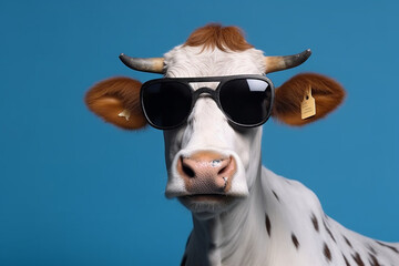 Funny cow with glasses on a blue background