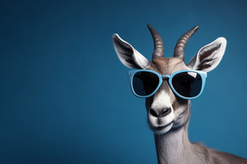 Funny Gazelle with glasses on a blue background, created by a neural network, Generative AI technology