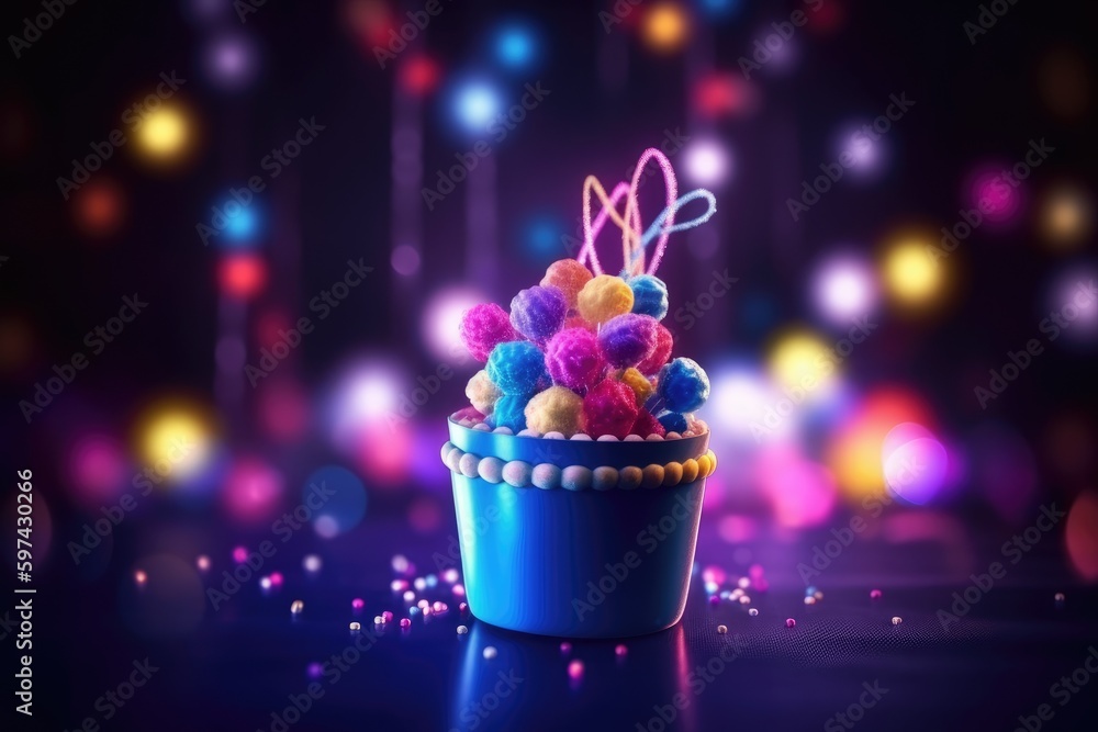 Poster blue cup overflowing with an array of colorful candies. generative ai