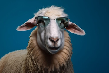Funny sheep with glasses on a blue background