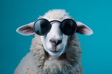 Funny sheep with glasses on a blue background, created by a neural network, Generative AI technology - obrazy, fototapety, plakaty