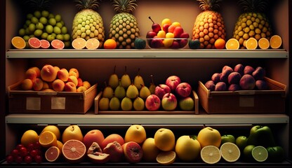 Variety of fruits displayed in a shelf in a super market.AI