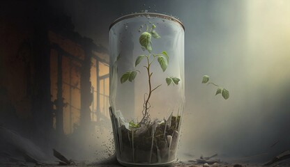 A plant in a bottle at an abandoned house. AI