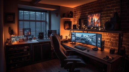 Cozy home game room with PC and desk. Multiple monitors. Ultrawide computer monitor on a table with neon lights. Generative AI - obrazy, fototapety, plakaty