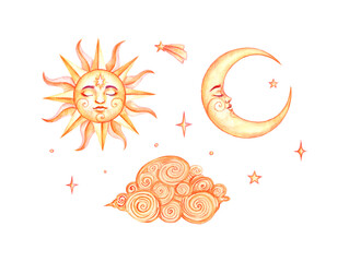 Watercolor celestial set of magic sun, crescent with face, golden cloud, stars and comet. Artworks for astrological blogs, shops, tags, children's bedroom, nursery. © Evgeniya Platonova