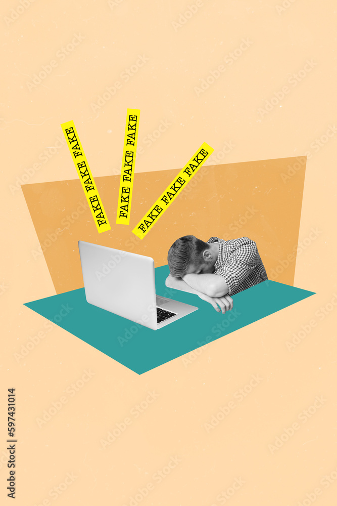 Poster Artwork image picture collage of sleepy upset sad man lying table tired from reading fake breaking news isolated drawing background