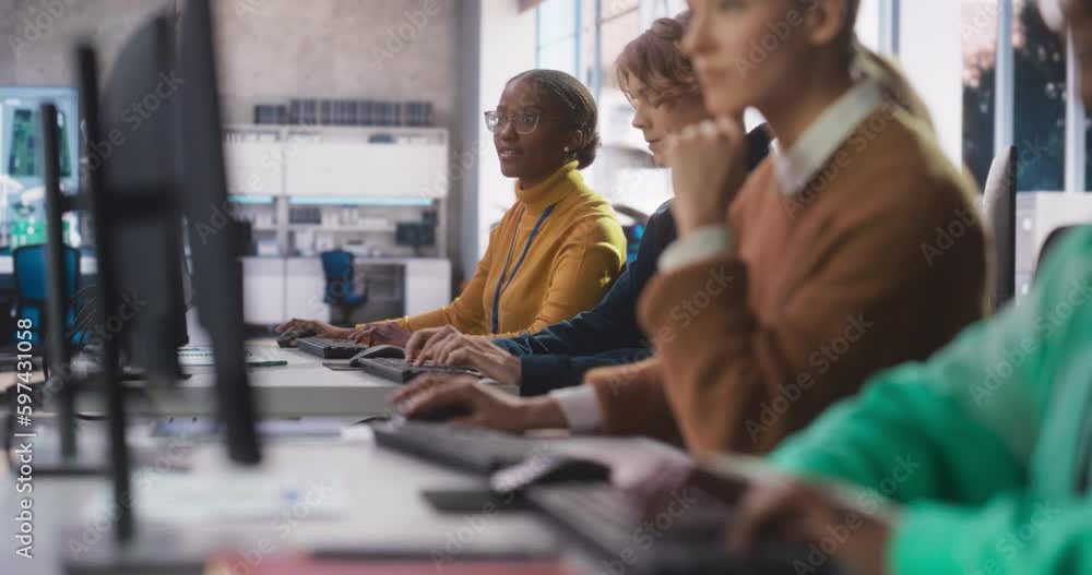 Poster diverse multiethnic group of female and male students sitting in college room, learning computer sci
