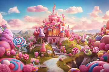 castle in the land of sweets, a bright saturated landscape in pink flowers, created by a neural network, Generative AI technology