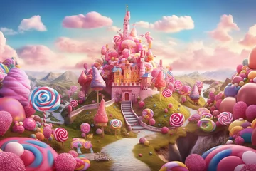 Papier Peint photo Paysage fantastique castle in the land of sweets, a bright saturated landscape in pink flowers, created by a neural network, Generative AI technology
