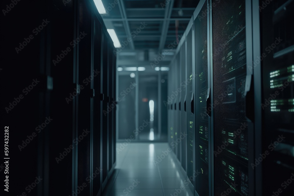 Poster data center with rows of servers and network equipment. generative ai