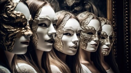 Faces of girls in carnival masks. Portraits of girls without emotions on their faces. The mask hides emotions and personality. Generative AI
