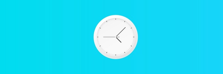 White wall clock with black second hand hanging on the wall. Minimalist flat lay image of plastic wall clock over blue turquiose background with copy space and central composition.