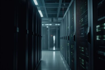 data center with rows of servers and network equipment. Generative AI