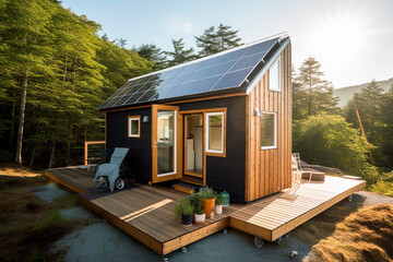 generative ai illustration of tiny house with photovoltaic panels, solar panels - obrazy, fototapety, plakaty