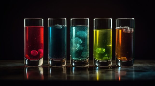 Cocktails of different colors on a black background. Alcoholic drink of different colors. Several glasses of alcohol. Shot cocktail set. Generative AI