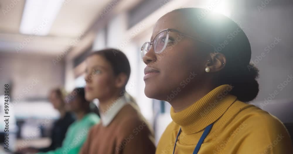 Poster Portrait of a Bright Inspired Young African Female Student Studying in Modern University with Diverse Classmates. College Scholars Work in College Room, Learning IT, Programming or Computer Science