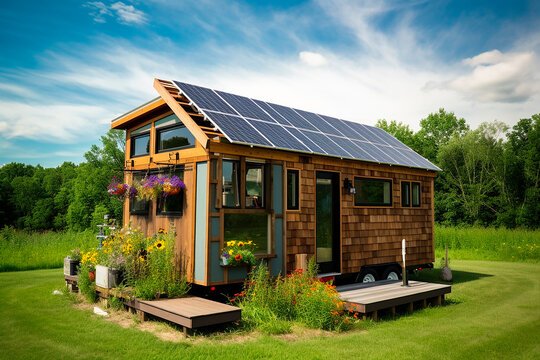 generative ai illustration of tiny house with photovoltaic panels, solar panels