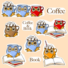 drawn stickers with owl cups with coffee and books 