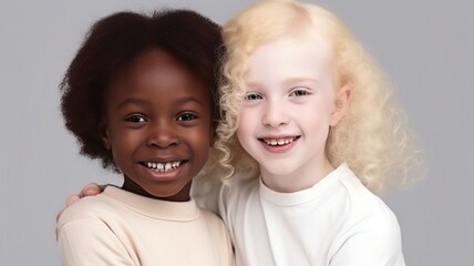 Children of several races and ethnicities posing with smiles for the camera, including an albino black youngster and joyful caucasian females. secluded in a studio.  The Generative AI