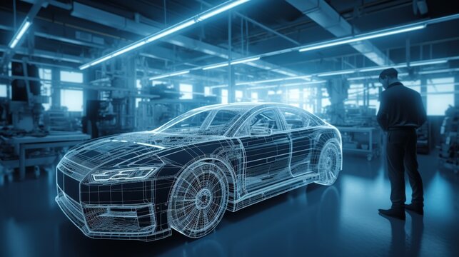 Car service manager conducts car diagnostics in metaverse. The specialist studies the serviceability of car in 3D cyber space.VR, future technology. Generative AI