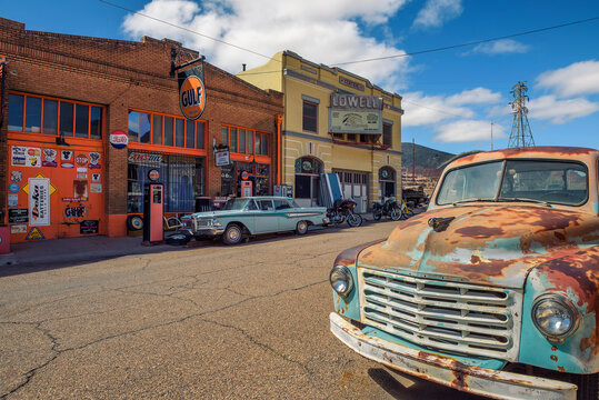 Lowell, Arizona, USA - October 17, 2018 : Historic Erie street in Lowell. This ghost town situated on the other side of the Lavender Pit Mine is now part of Bisbee.
