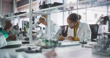 Modern Science Research Laboratory in University: Diverse Young Scientists in White Coats Using Microscope, Soldering Circuit Boards and Microchips for a Technology Project in School - Powered by Adobe