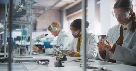 Diverse Team of Multiethnic Young Scientists Passing Internship in a Modern High Tech Laboratory. Students Working in Advanced Lab with Science Equipment. Microchip Design and Electronics Development