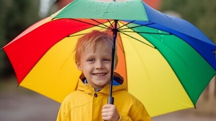 Blonde boy with a smile playing with raindrops while holding rainbow umbrellas in a puddle. The Generative AI