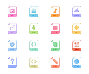 File type, document format icon set: avi, txt, mp3, png, zip, ai. Large file flat vector icon collection  for website, print, banner, mobile or desktop application. Flat vector colourful pictogram. 