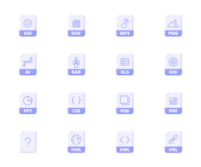 File type, document format icon set: avi, txt, mp3, png, zip, ai, html, pdf. Large file 3d vector icon collection for mobile or desktop application. Three dimensional vector colourful pictogram set.