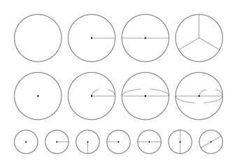 中心と直径および半径を実線で記入した円のセット - 長さを示す図形やグラフのテンプレート