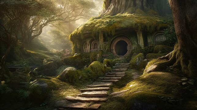 Fantasy Hobbit style house in the forest. Concept art illustration of hobbit fantasy adventure. Generative AI