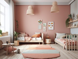Girls bedroom interior with soft pink color tone. Generative ai