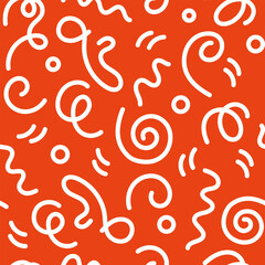 Doodle 90s style seamless pattern on orange background with kid squiggles. Flat vector retro illustration