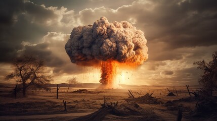 Nuclear atomic bomb explosion, radioactive war weapon, contamination disaster, mushroom fireball. Generative AI