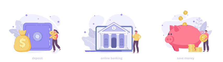 Bank deposit, bank service, income, money savings, online banking, saving money scene collection. Icon set concept for landing page. Flat vector illustration with characters for website, print, banner